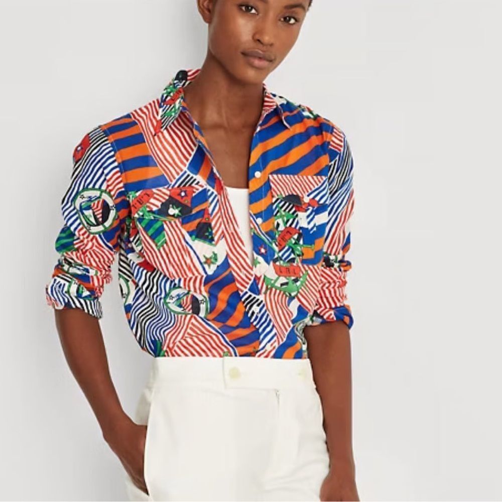 Lauren Ralph Lauren 100% Cotton Nautical Print Button Front Voile Shirt Size S